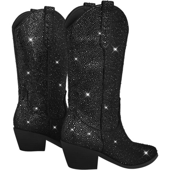 Sparkly Rhinestones Fauxt Sequins Black Leather High Calf Heeled Boots For Women - Picture 3 of 5